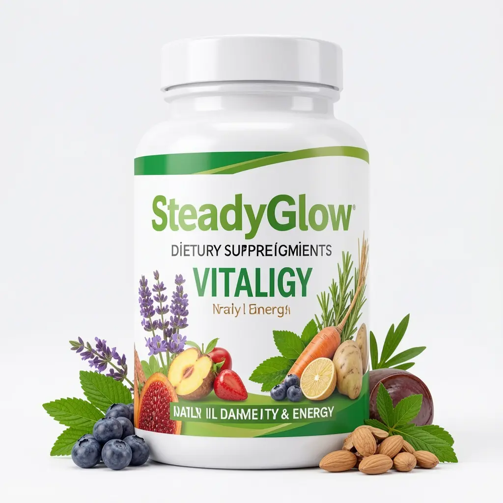 SteadyGlow dietary supplement bottle with natural ingredients for daily vitality and energy